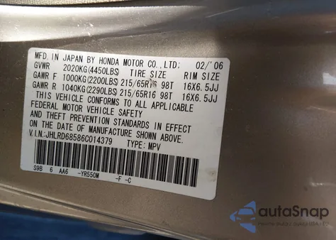 2006 Honda Cr-V Lx z USA, uszkodzony, nr VIN JHLRD68586C014379